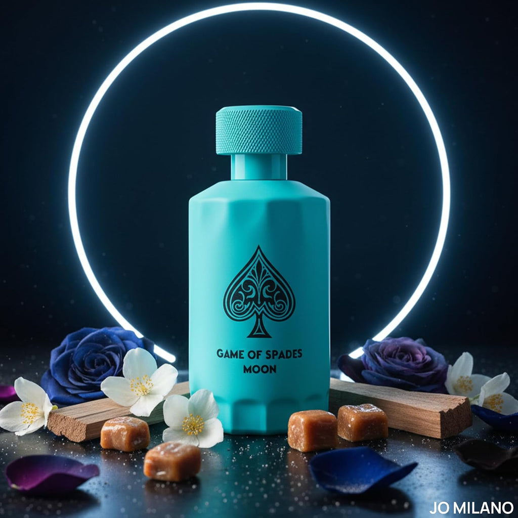 Jo Milano Game of Spades Moon luxury unisex perfume bottle by Hub Wavy, 3.4 fl oz, featuring elegant packaging and branding.