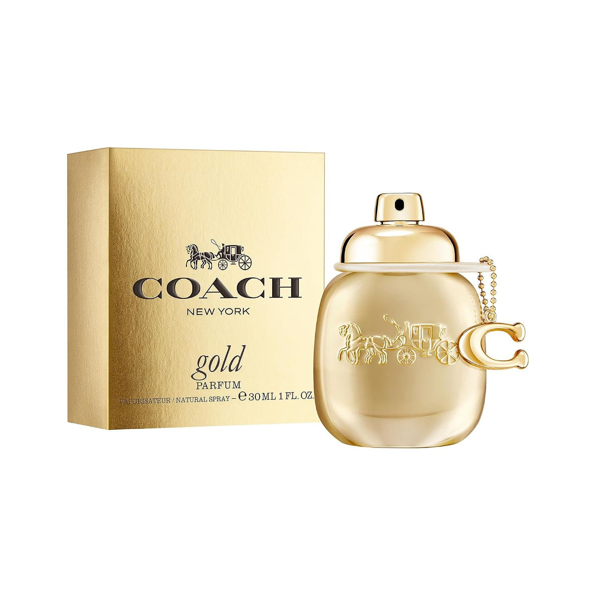 Hub Wavy Coach Gold Parfum for Women in 3 oz bottle, luxurious perfume with elegant gold packaging and floral scent details.
