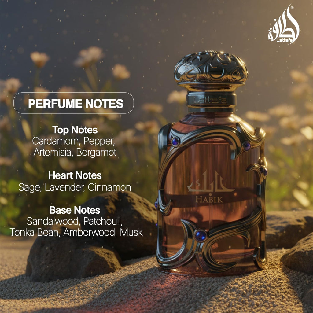 Hub Wavy Lattafa Habik for Men perfume bottle, 3.4 oz, luxury men's fragrance with sleek design and elegant packaging.