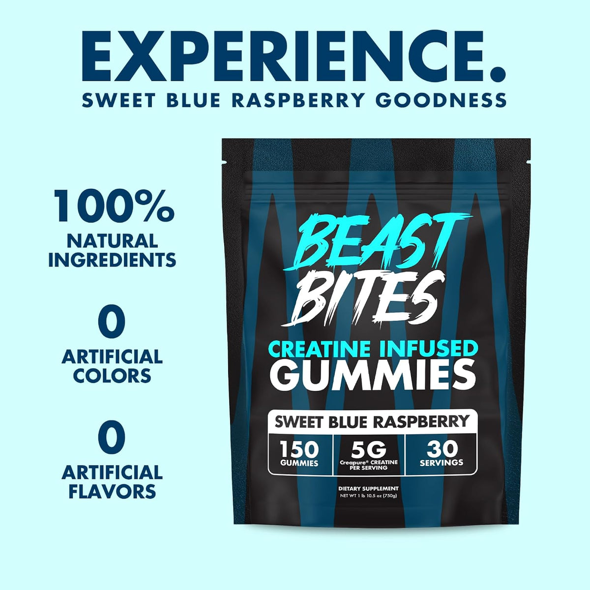 BEAST BITES - Creatine Bites - 5g Creatine Monohydrate Per Serving - No Sugar or Artificial Colors - Low-Calorie, Vegan & Halal - Made in The USA - Blue Raspberry Flavor - 30 Gummies