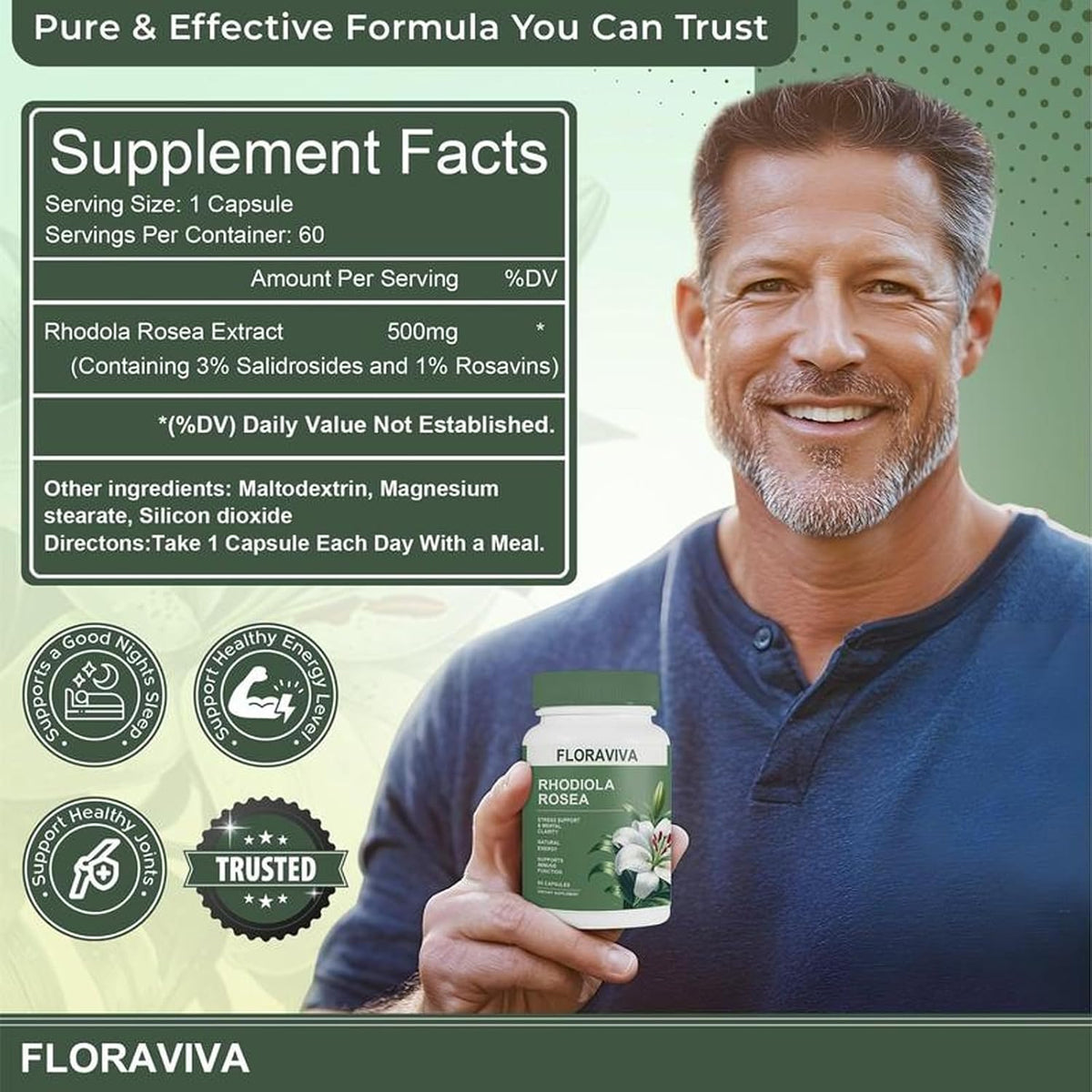 Floraviva Rhodiola Rosea Supplement 500mg 60 Count
