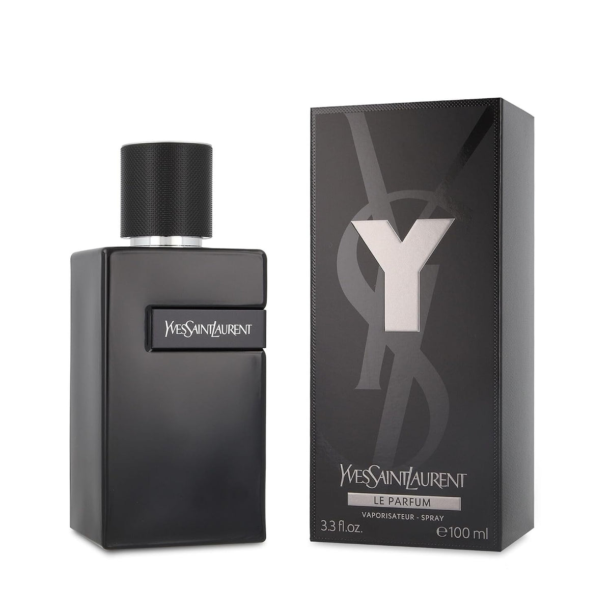 Yves Saint Laurent Y Le men's fragrance bottle, 3.3 oz (100 ml), open box, with cap and spray nozzle visible.
