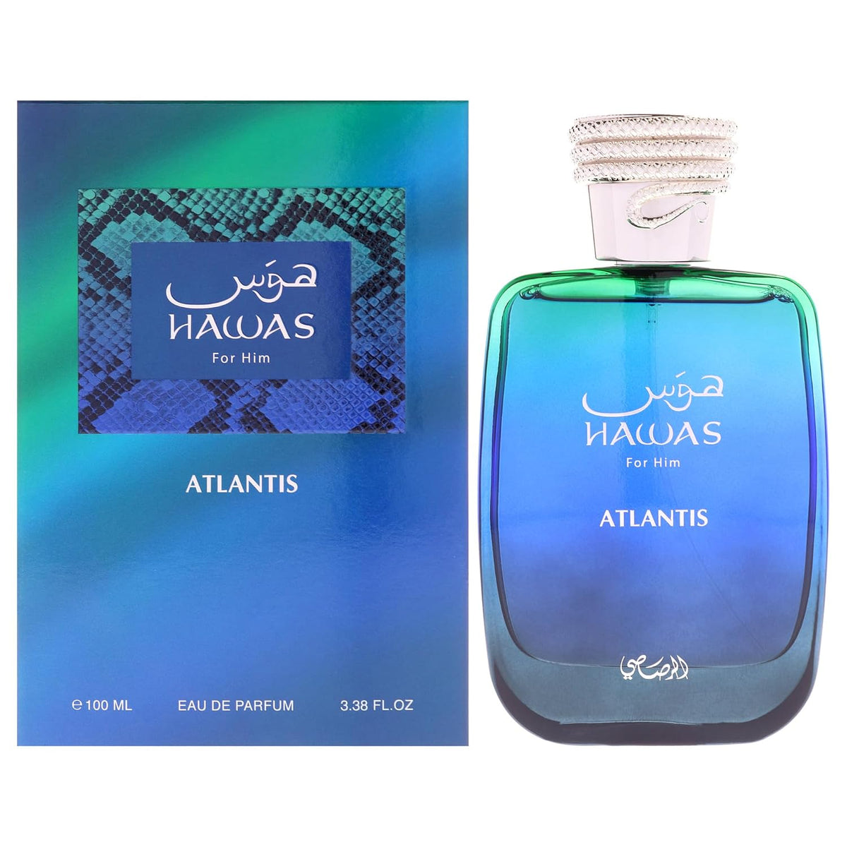 Hub Wavy Rasasi Hawas Atlantis perfume bottle, modern men's fragrance with fresh scent, 3.4 fl oz/100 ml on a sleek display.