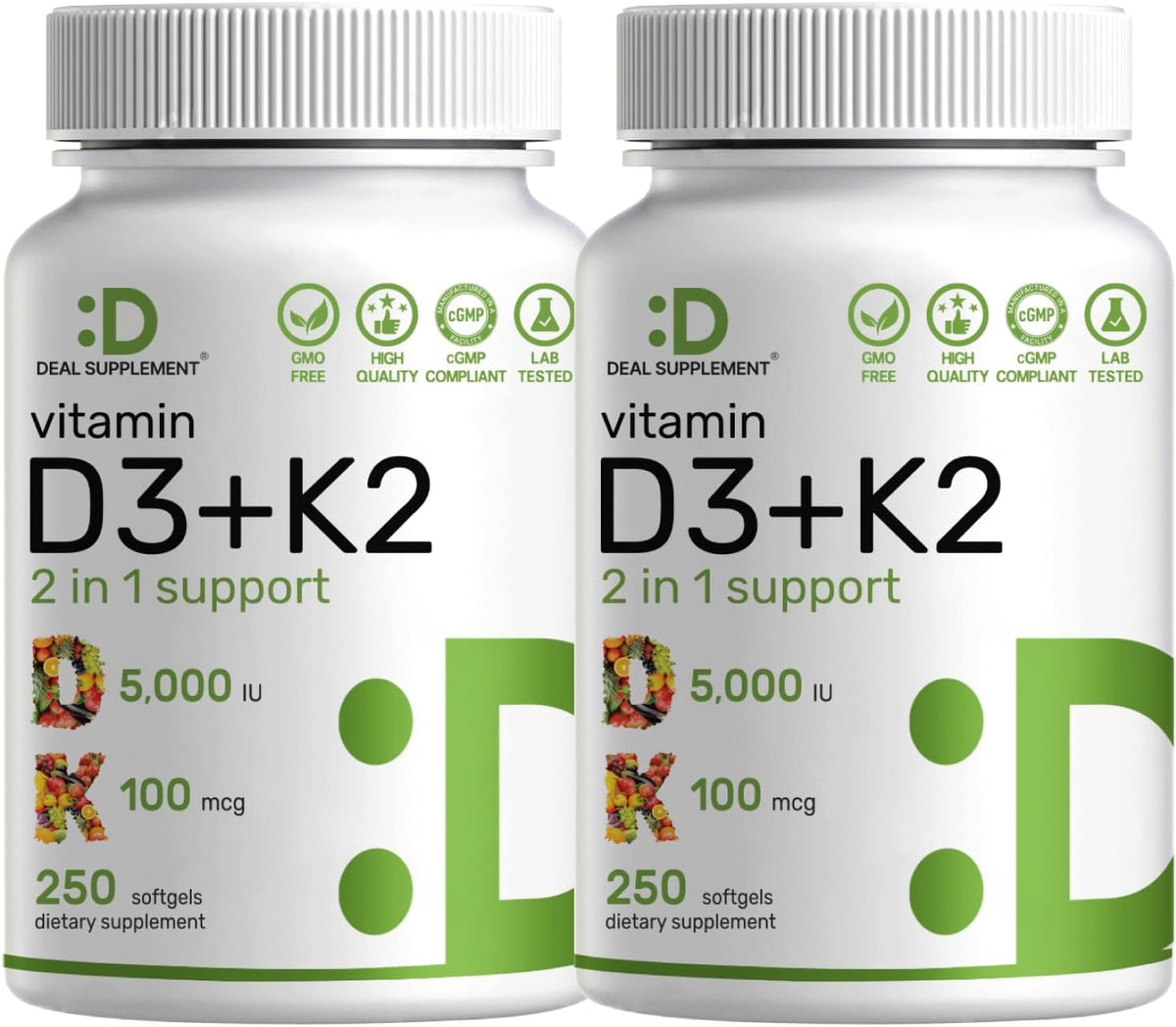 DEAL SUPPLEMENT Vitamin D3 5,000 IU + K2 MK7 Softgels, 250 Count | 2-in-1 Complex | Easy to Swallow