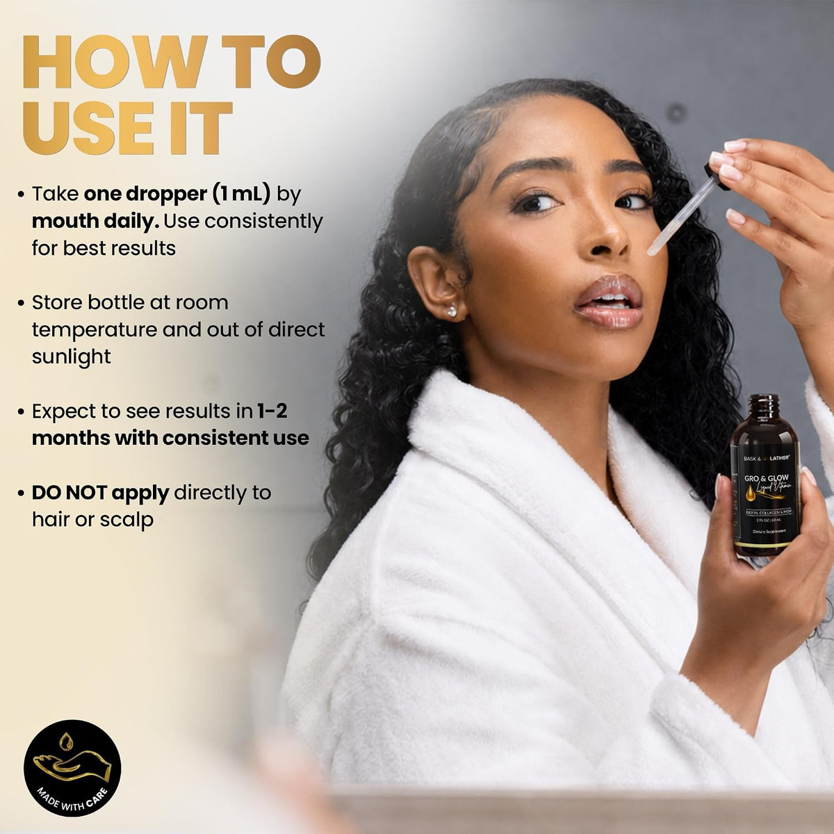 BASK & LATHER Gro & Glow Liquid Vitamin, Liquid Collagen for Women, Natural Ingredients with Collagen, Biotin, Msm, Beauty Supplement, Helps Support Healthy Hair, Skin & Nails, Cherry Flavor, 2 FL Oz