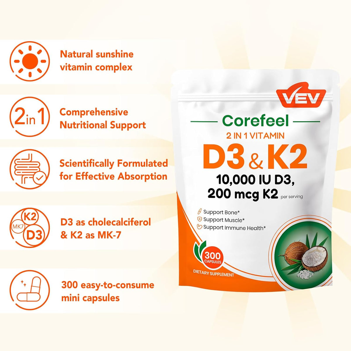 VEV Vitamin D3 K2 – 10,000 IU D3, 200mcg MK7