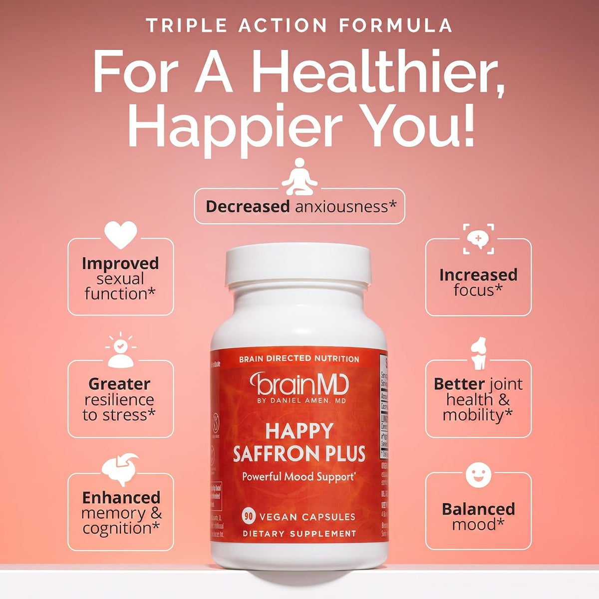 BrainMD Dr Amen Happy Saffron Plus - 90 Capsules - with Saffron Flower Extract, Curcumin & Zinc - Vegan, Gluten Free - 30 Servings