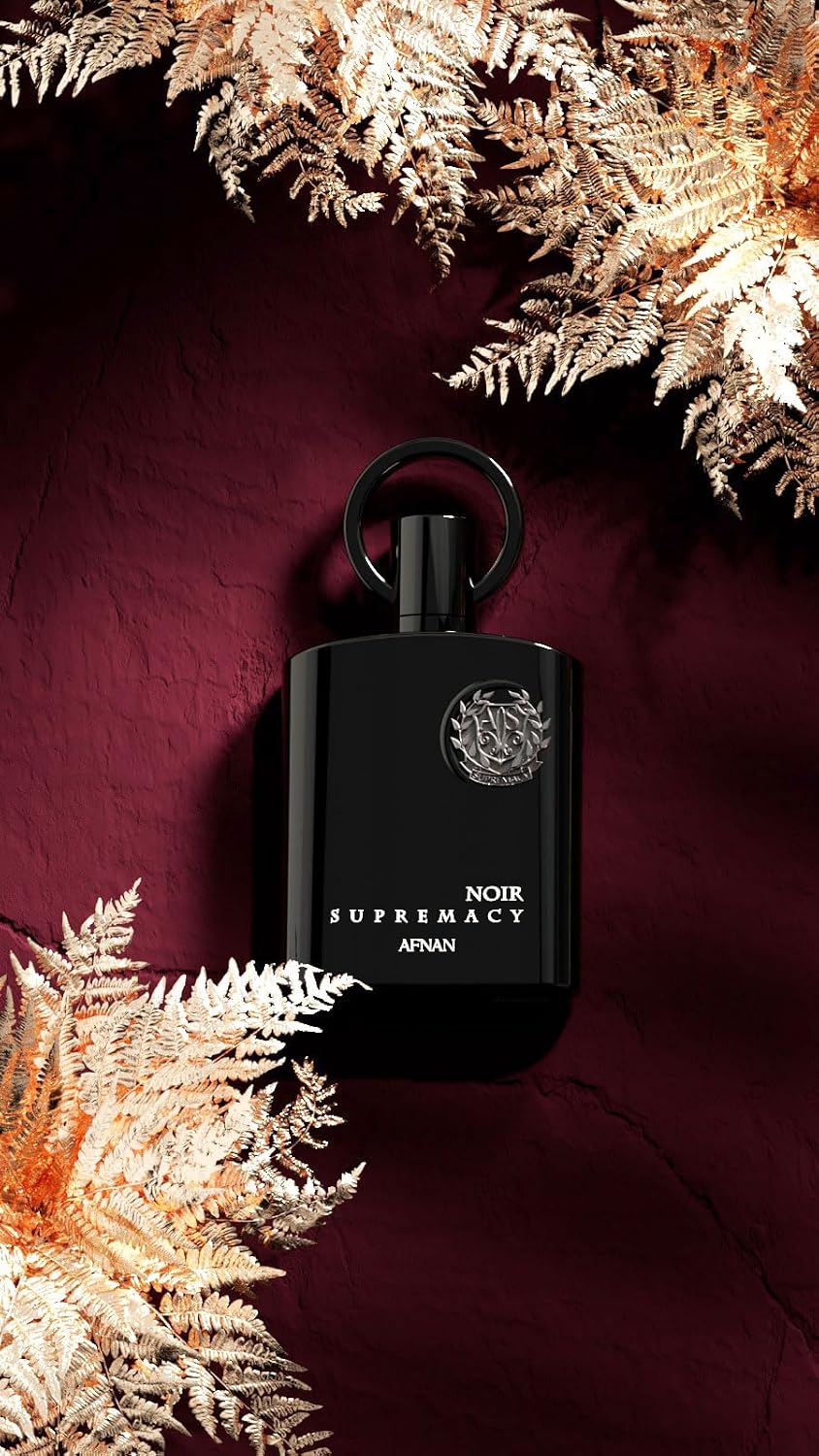 Afnan Supremacy Noir men's luxury perfume bottle by Hub Wavy, 3.4 fl oz, sleek black design with gold accents.