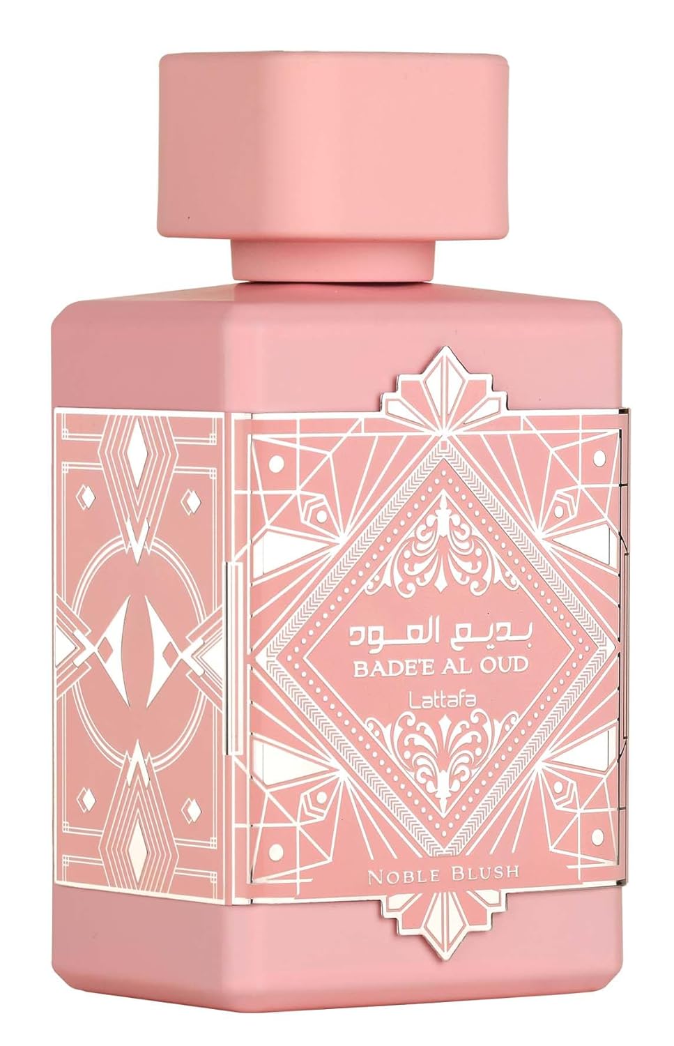 Hub Wavy Lattafa Bade'e Al Oud Noble Blush perfume bottle, unisex fragrance with elegant design, 3.4 oz (100 ml) spray.