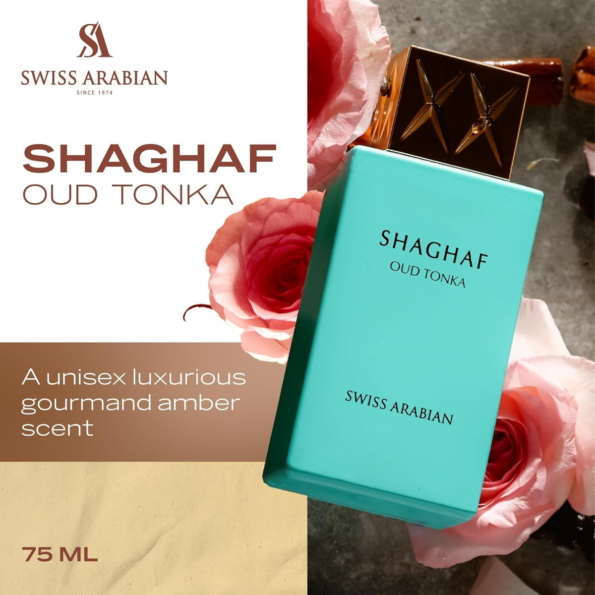 Hub Wavy Swiss Arabian Shaghaf Oud Tonka perfume bottle, 75ml unisex fragrance with elegant packaging and rich oud and tonka scent