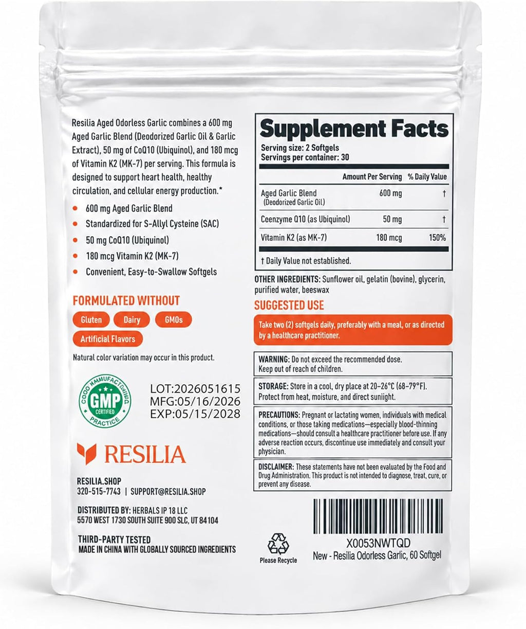 Resilia Odorless Aged Garlic Softgels (60 Count)