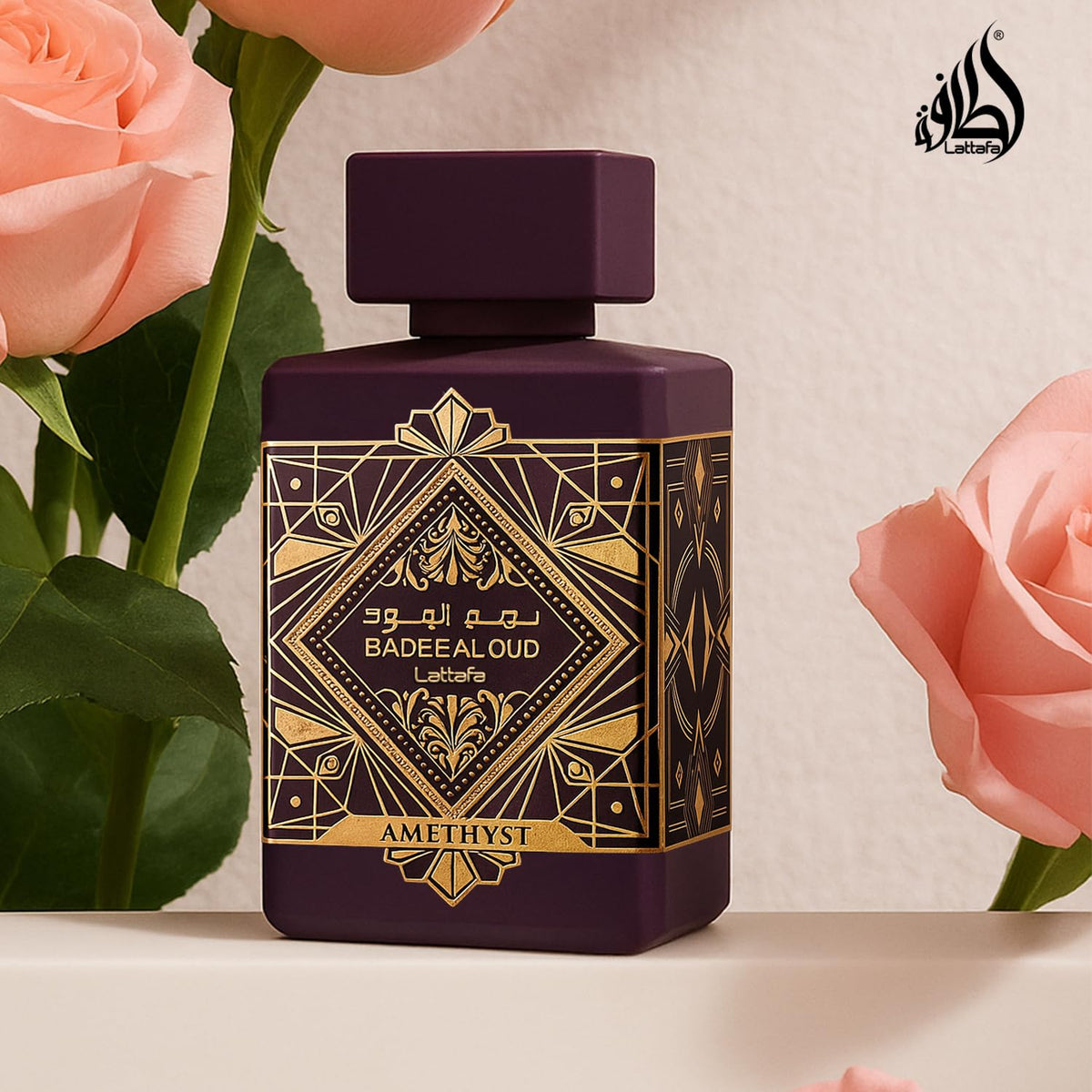 Lattafa Bade'e Al Oud Amethyst unisex perfume bottle from Hub Wavy, 3.4 fl oz / 100 ml with elegant packaging.