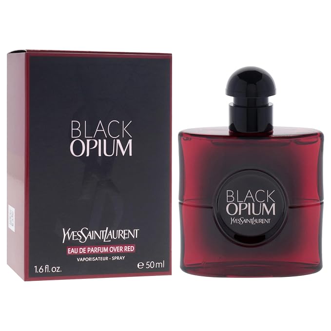 Yves Saint Laurent Black Opium Over Red perfume bottle for women, 1.69 oz, with sleek black and red design, on a neutral background.