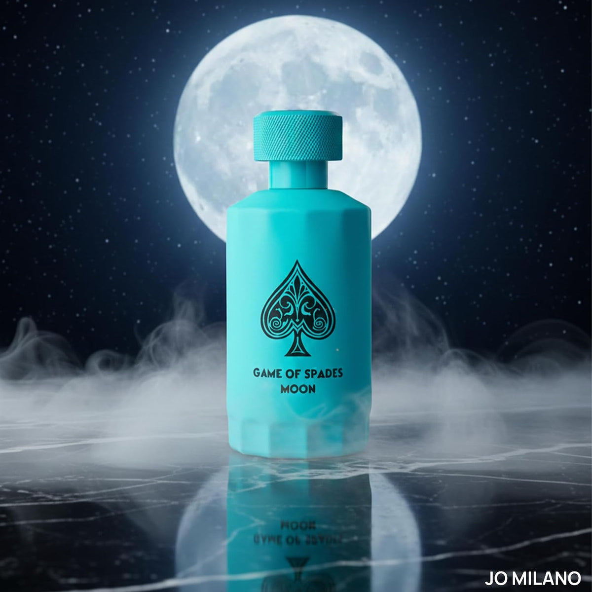 Jo Milano Game of Spades Moon unisex perfume bottle by Hub Wavy, featuring sleek design and luxurious fragrance in 3.4 fl oz.