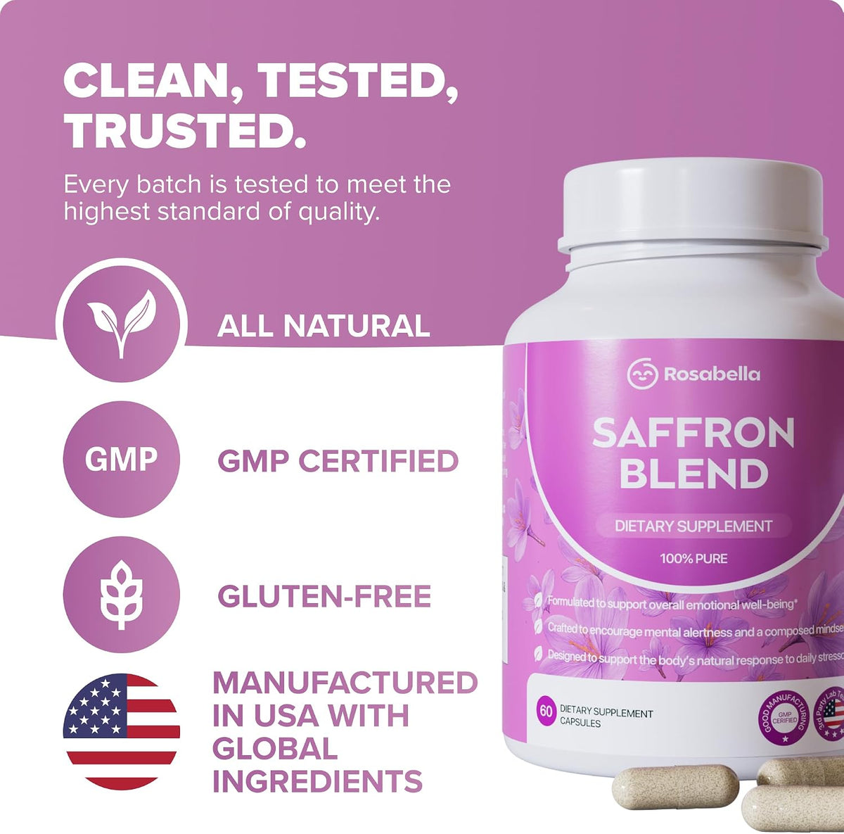 Rosabella Saffron Blend Supplement for Men & Women – Saffron, B6, Magnesium & Herbal Extract Capsules – Supports Mood, Focus & Clarity – Non-GMO, Gluten-Free – 60 Capsules – 30-Day Supply