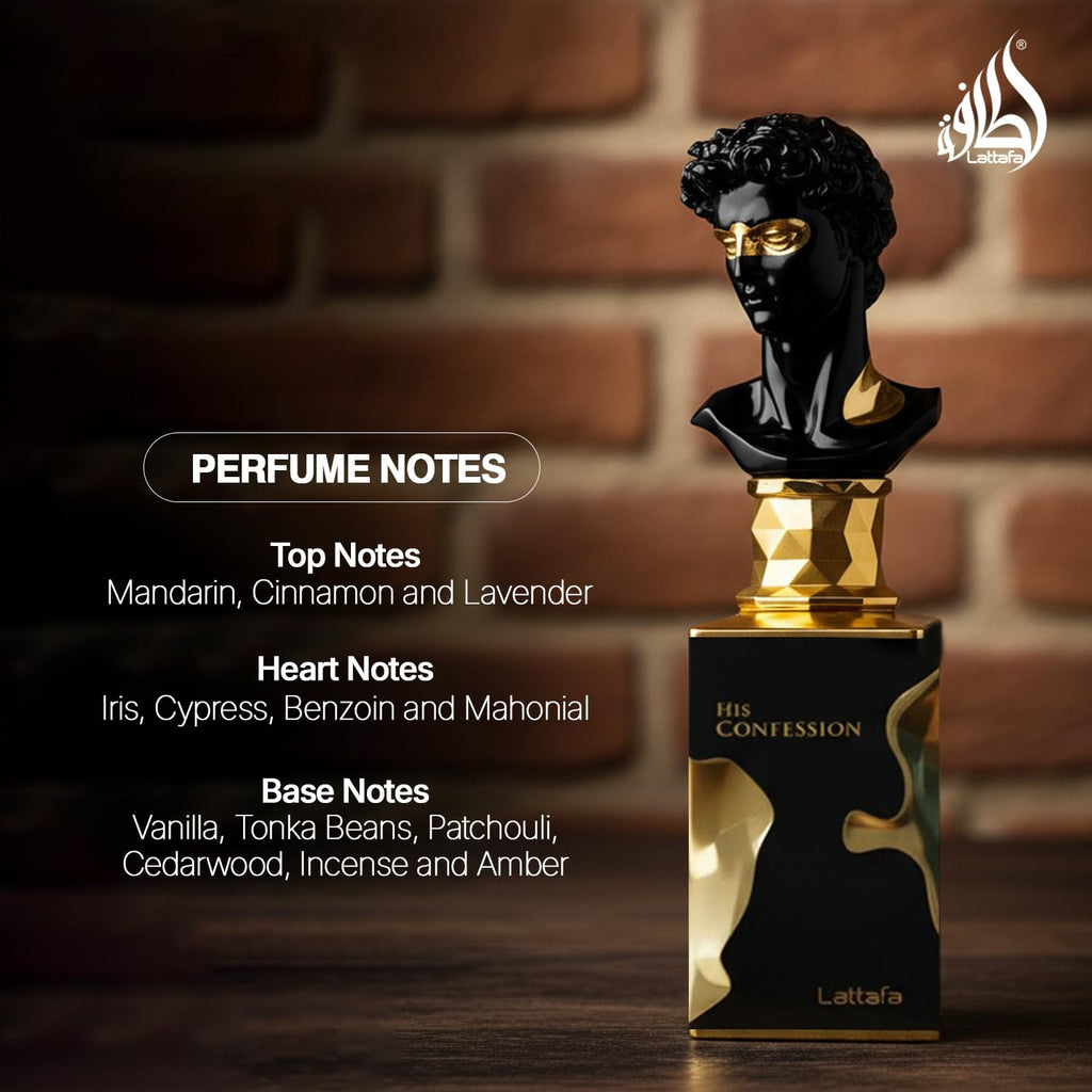 Hub Wavy Lattafa His Confession perfume bottle, 100ml, featuring a luxurious woody fresh scent for men.