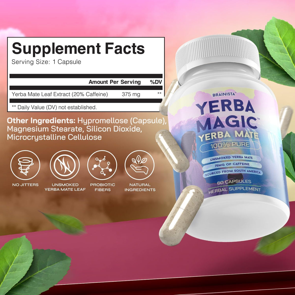 Yerba Mate Capsules, Yerba Magic, Pure Extract, 75mg Caffeine, 60 Count