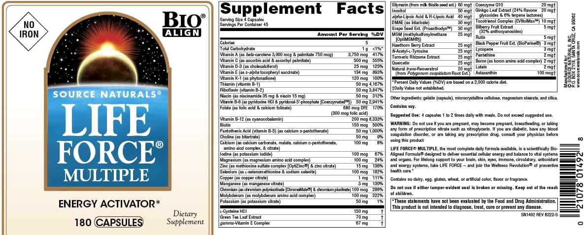 Source Naturals Life Force Multiple Iron Free Multivitamin,180 Capsules