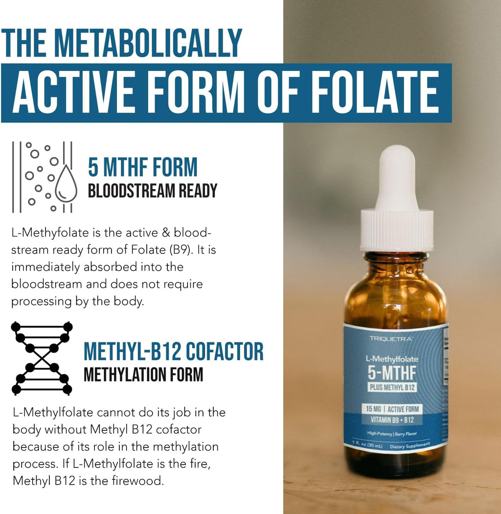 LMethylfolate 15mg Liquid + Methyl B12 Cofactor, High Potency Active 5-MTHF