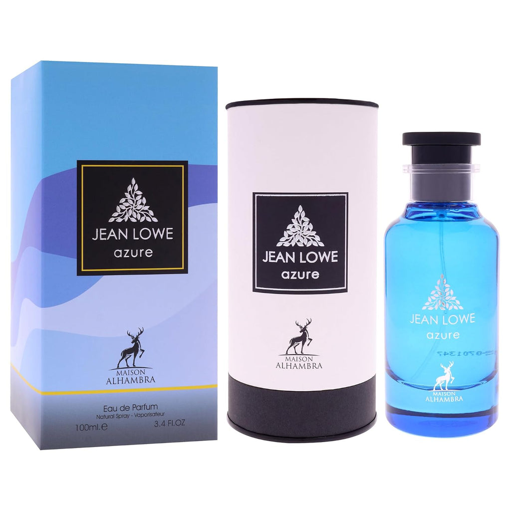 Maison Alhambra Jean Lowe Azure unisex perfume by Hub Wavy, 3.4 oz bottle, showcasing the sleek, elegant fragrance design.