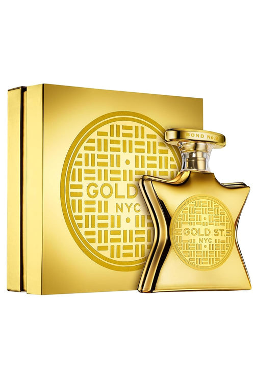 Hub Wavy Bond No. 9 New York Gold Street unisex perfume bottle, 3.4 oz, showcasing luxurious packaging and design.