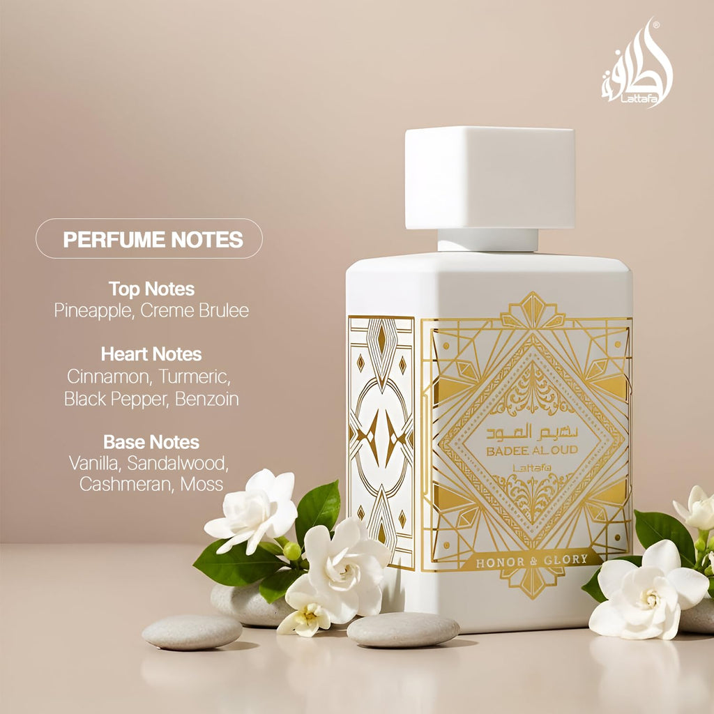 Hub Wavy Lattafa Bade'e Al Oud Honer & Glory perfume bottle, luxury unisex fragrance with elegant design, 100ml size.