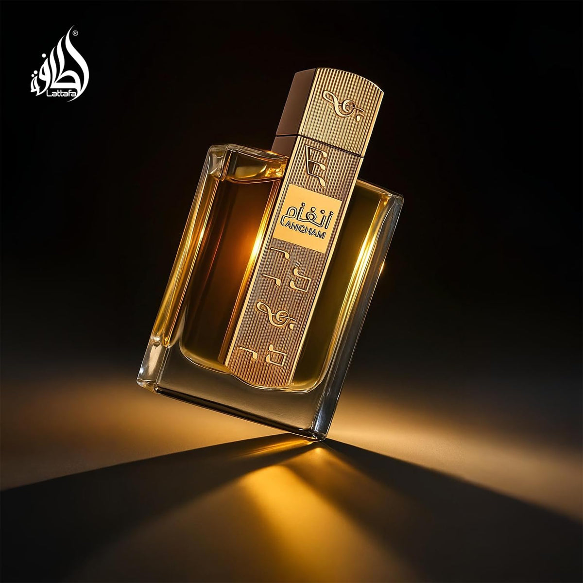 Hub Wavy Lattafa Angham luxury unisex perfume bottle, 3.4 oz/100 ml, elegant design and clear fragrance display.