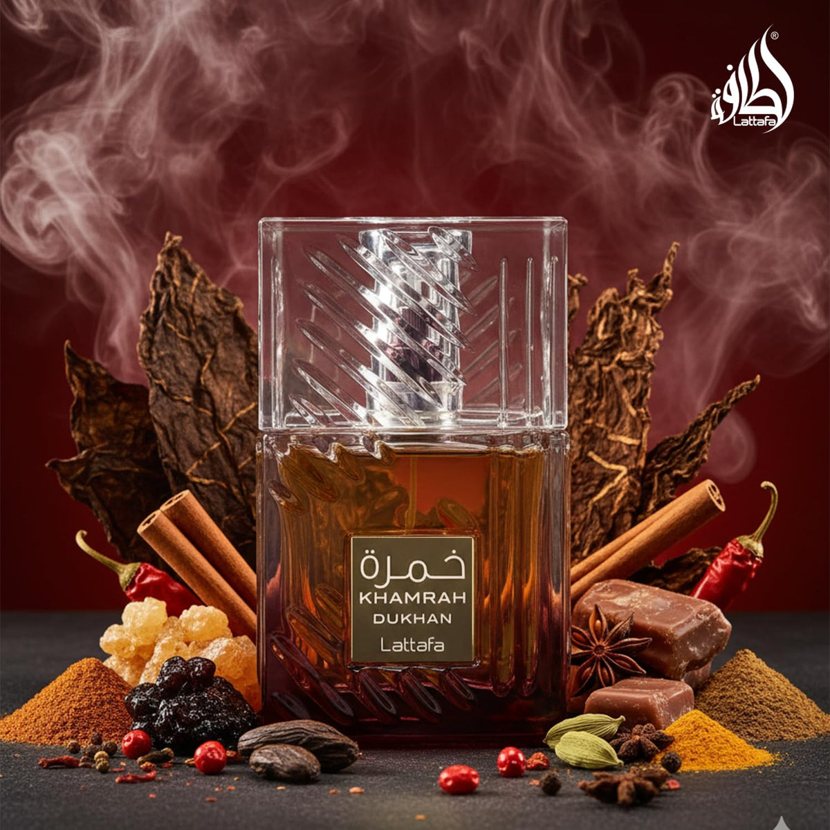Hub Wavy Lattafa Khamrah Dukhan unisex perfume bottle, 3.4 oz, luxury fragrance with elegant packaging.