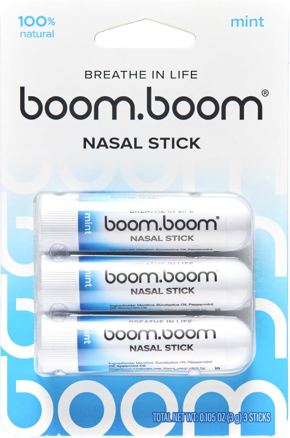 BoomBoom Nasal Stick, Essential Oils + Menthol Inhaler, Tropical, 3 Pack