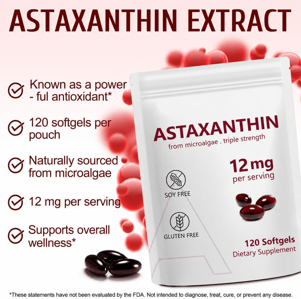 Astaxanthin 12mg, 120 Softgels, 4 Month Supply, Premium Astaxanthin Antioxidant Supplements with Antioxidant Activity, Supports Eye, Immune, Joint, Skin Health, Internal Circulation