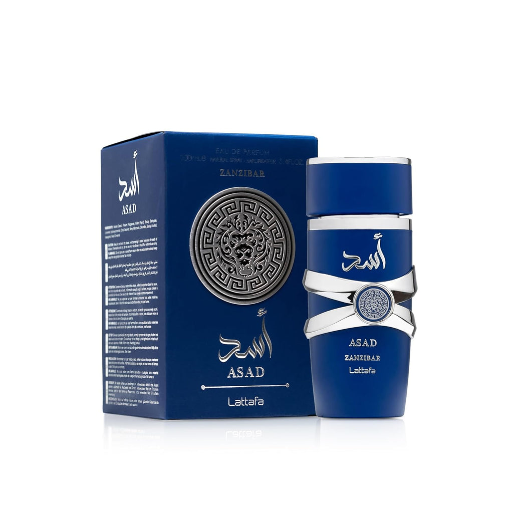 Hub Wavy Lattafa ASAD ZANZIBAR perfume bottle, unisex fragrance in 100ml glass container with elegant design.