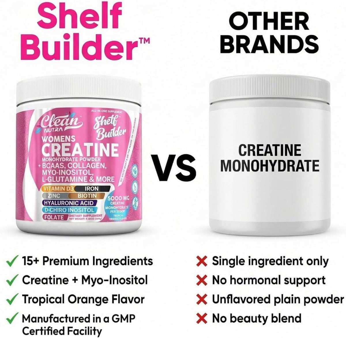 Creatine for Women | Creatine Monohydrate + BCAA Powder Myo-Inositol Collagen Biotin Hyaluronic Acid Folate L Glutamine Vitamin D3 Iron Zinc D-Chiro-Maca Digestion Shelf Builder By Clean Nutra