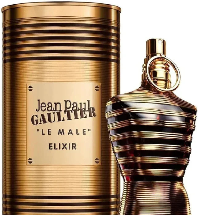 Jean Paul Gaultier Le Male Elixir perfume bottle for men, 2.5 oz, with sleek design and silver cap, on a plain background.
