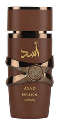 Hub Wavy Lattafa Asad Bourbon perfume bottle for unisex, 100ml, featuring a sleek design and elegant fragrance presentation.
