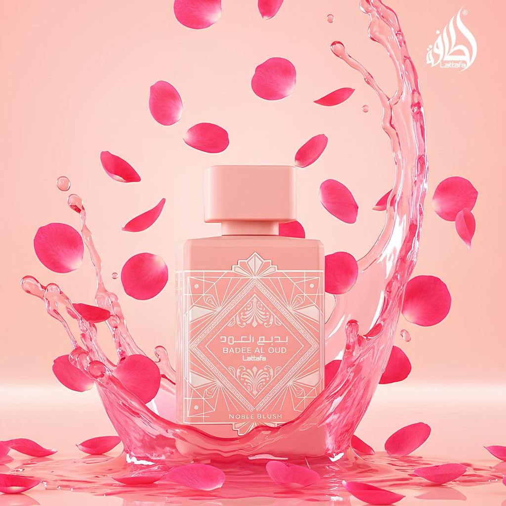 Hub Wavy Lattafa Perfumes Bade'e Al Oud Noble Blush perfume bottle, 3.4 oz, unisex fragrance with elegant design.