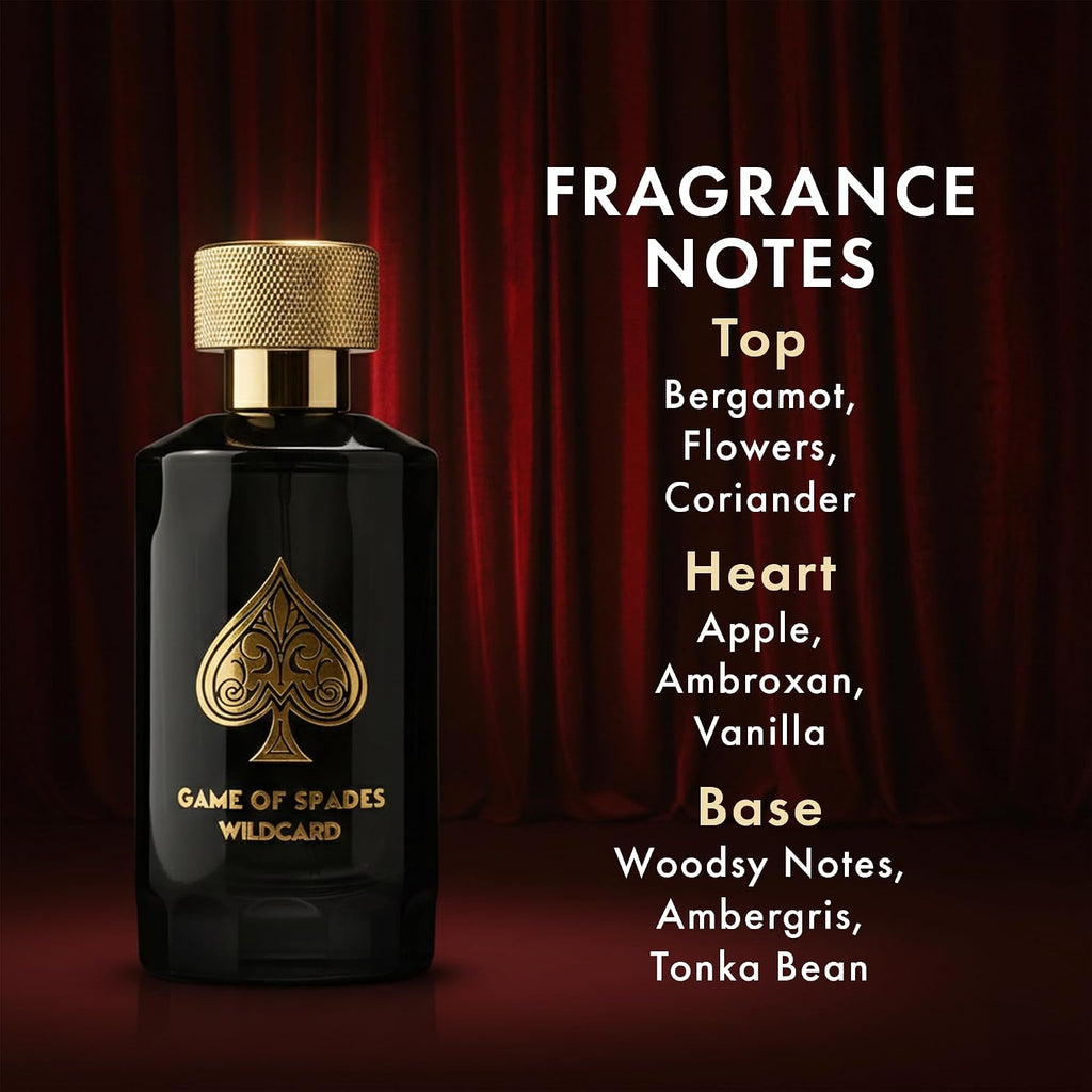 Hub Wavy Jo Milano Game of Spades Wildcard men's fragrance bottle, 3.4 fl oz, with sleek design and luxurious branding.