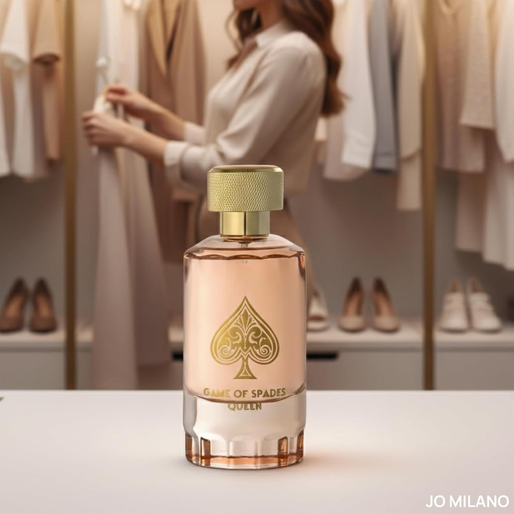 Jo Milano Game of Spades Queen luxury perfume for women, bold scent in 3.4 fl oz bottle, by Hub Wavy.