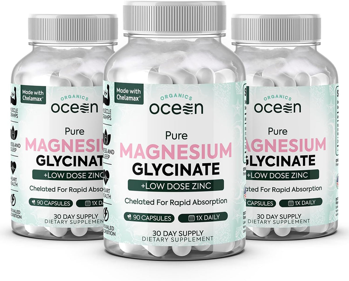 Organics Ocean Pure Magnesium Glycinate Supplement with Zinc, 90 Capsules