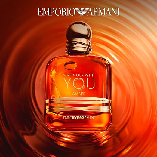 Armani Stronger With You Amber men's fragrance bottle, 3.4 oz / 100 ml, with warm amber and woody notes.