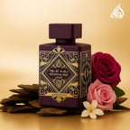 Hub Wavy Lattafa Bade'e Al Oud Amethyst perfume bottle, 100ml unisex fragrance with purple design, ideal for elegant scent.