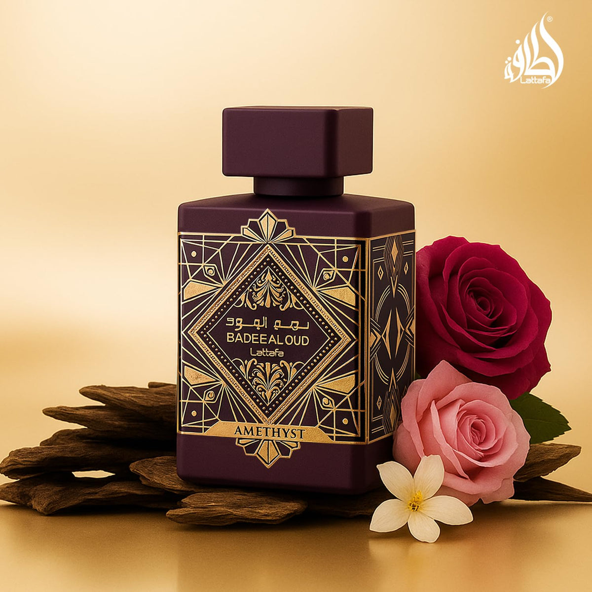 Hub Wavy Lattafa Bade'e Al Oud Amethyst perfume bottle, 100ml unisex fragrance with purple design, ideal for elegant scent.