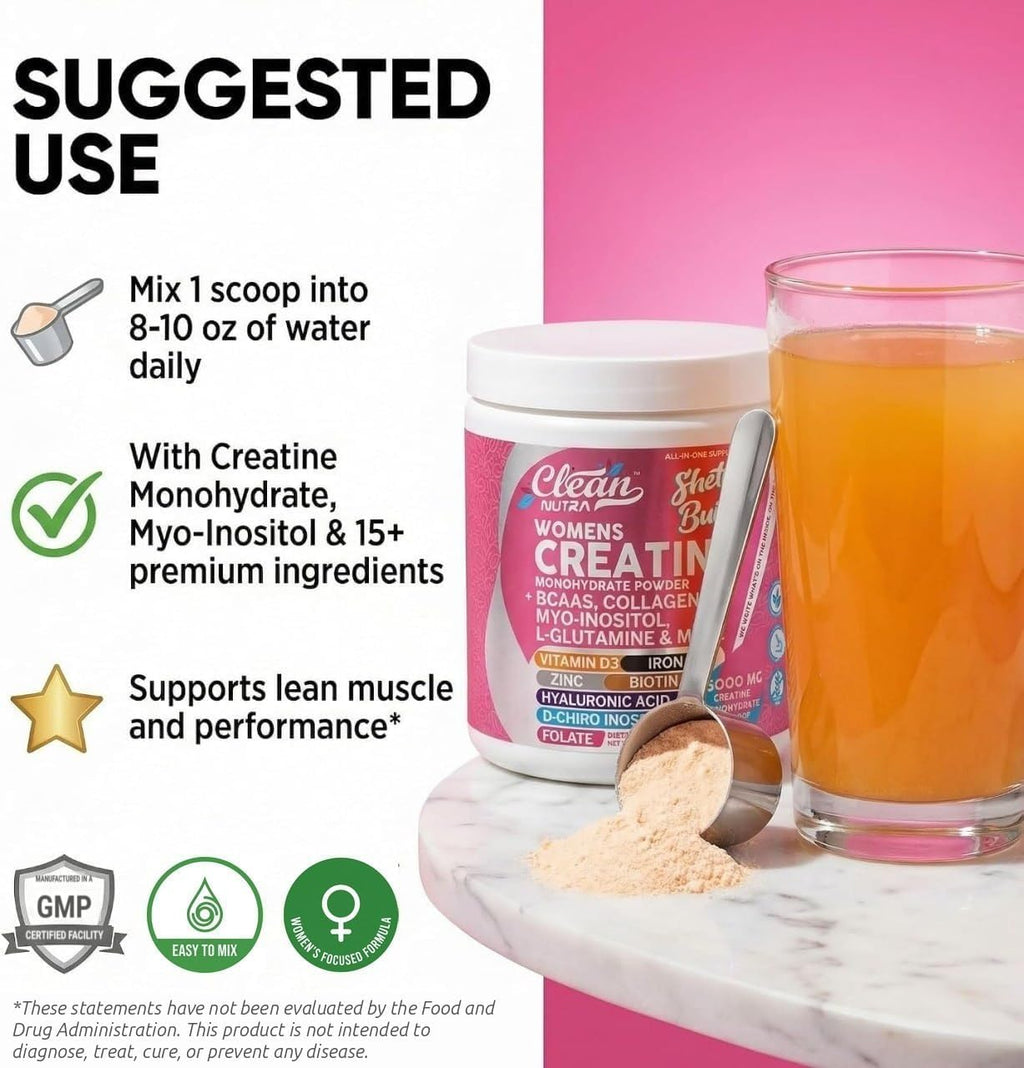 Creatine for Women | Creatine Monohydrate + BCAA Powder Myo-Inositol Collagen Biotin Hyaluronic Acid Folate L Glutamine Vitamin D3 Iron Zinc D-Chiro-Maca Digestion Shelf Builder By Clean Nutra