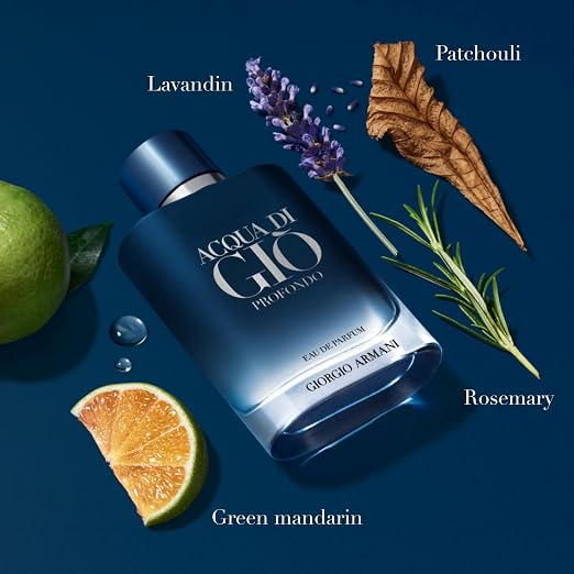 Giorgio Armani Acqua di Giò Profondo men's perfume bottle with sleek design and blue liquid, showcasing luxury fragrance.