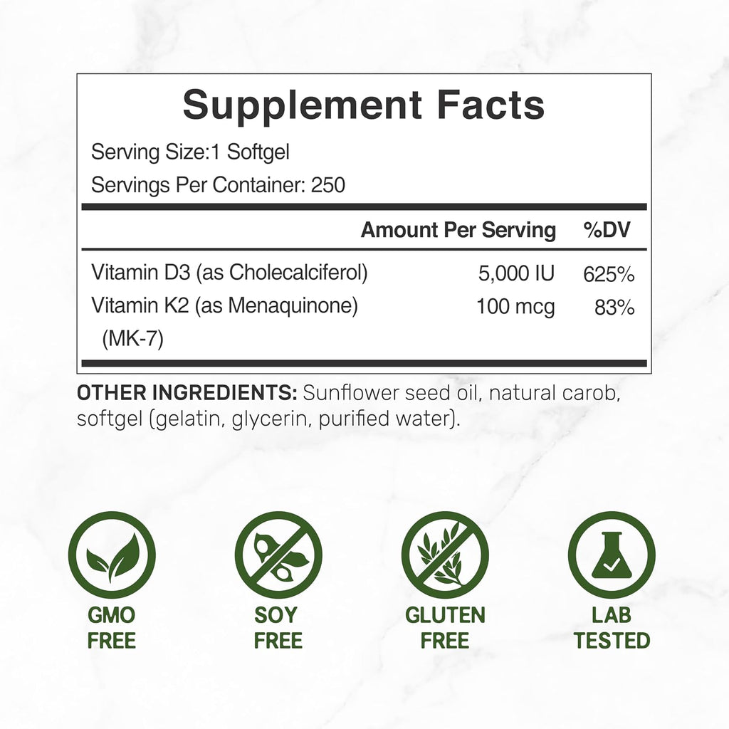 DEAL SUPPLEMENT Vitamin D3 5,000 IU + K2 MK7 Softgels, 250 Count | 2-in-1 Complex | Easy to Swallow