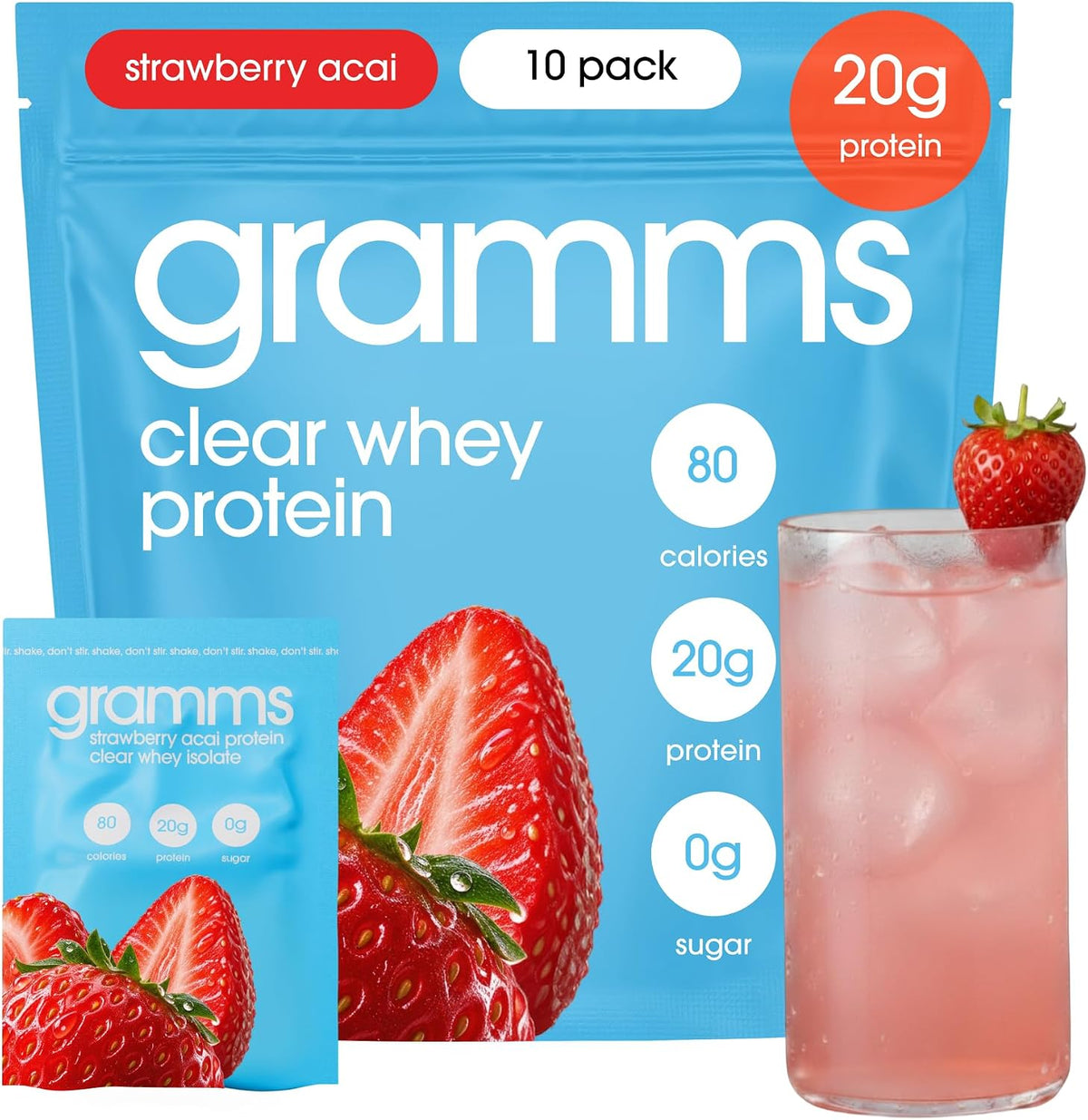 GRAMMS Clear Protein Powder | 20G Whey Isolate | Gluten Sugar Lactose Free | 3rd Party Tested for Purity, Grass Fed European Whey | Strawberry Açaí | 18 Servings