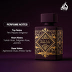 Lattafa Bade'e Al Oud Amethyst unisex perfume bottle by Hub Wavy with elegant purple and gold design, 3.4 fl oz (100 ml).