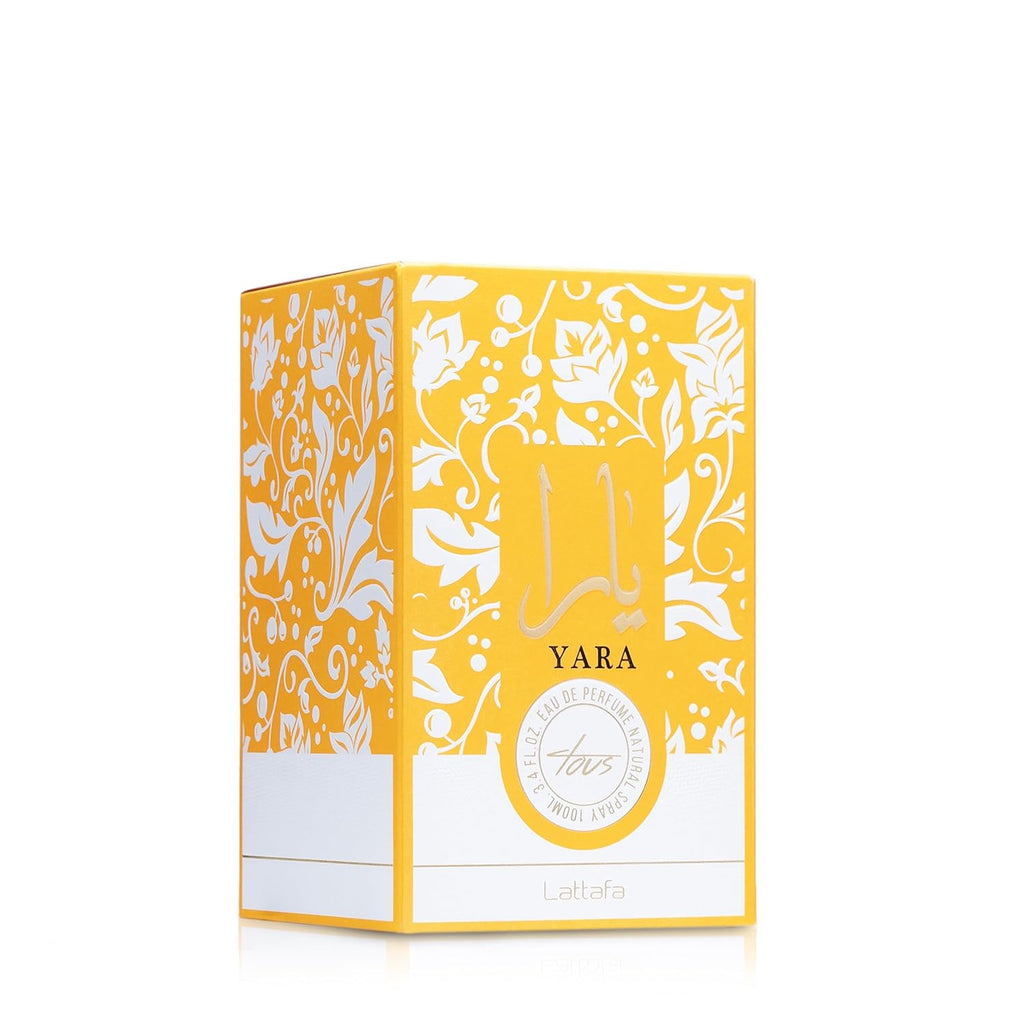 Lattafa Yara Tous perfume for women in 100 ml bottle, showcasing elegant glass packaging with floral and feminine design.