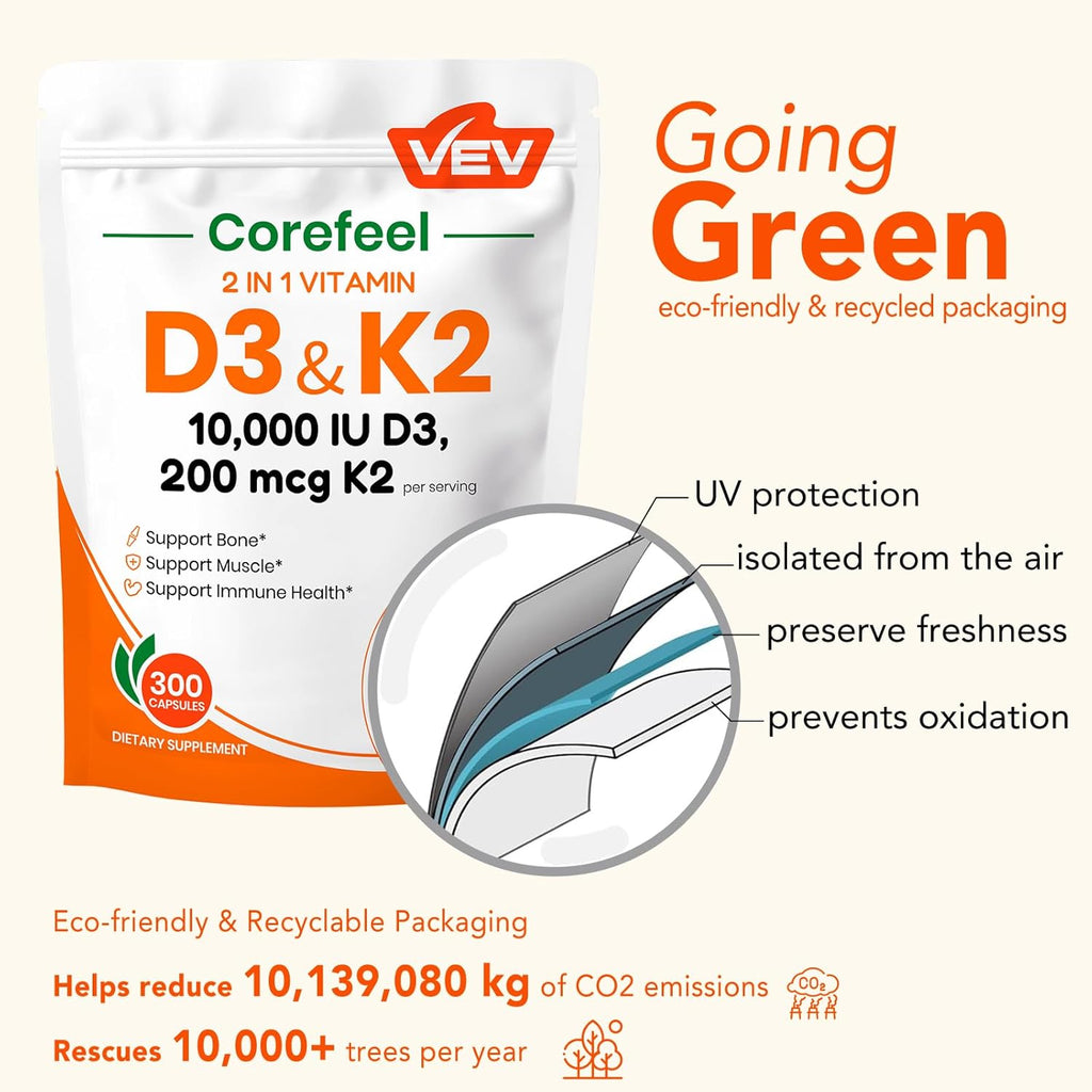 VEV Vitamin D3 K2 – 10,000 IU D3, 200mcg MK7