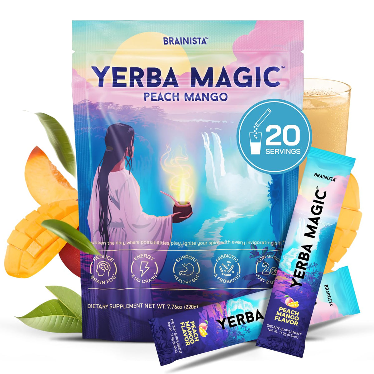 Yerba Mate Energy Drinks, Yerba Magic, Gut Health, Peach Mango, 30 Servings