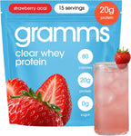 GRAMMS Clear Protein Powder | 20G Whey Isolate | Gluten Sugar Lactose Free | 3rd Party Tested for Purity, Grass Fed European Whey | Strawberry Açaí | 18 Servings